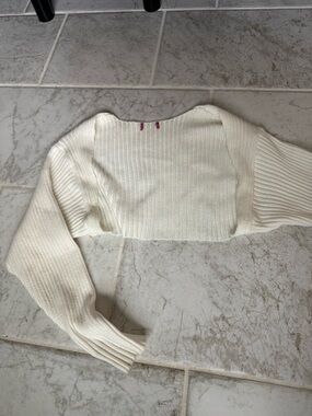 Crochet-Style White Cropped Ribbed Women's Sweater - Casual/Summer